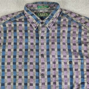 VINTAGE Levis Sutter Creek Men Button Up Shirt Large Blue Purple Check Black Tab